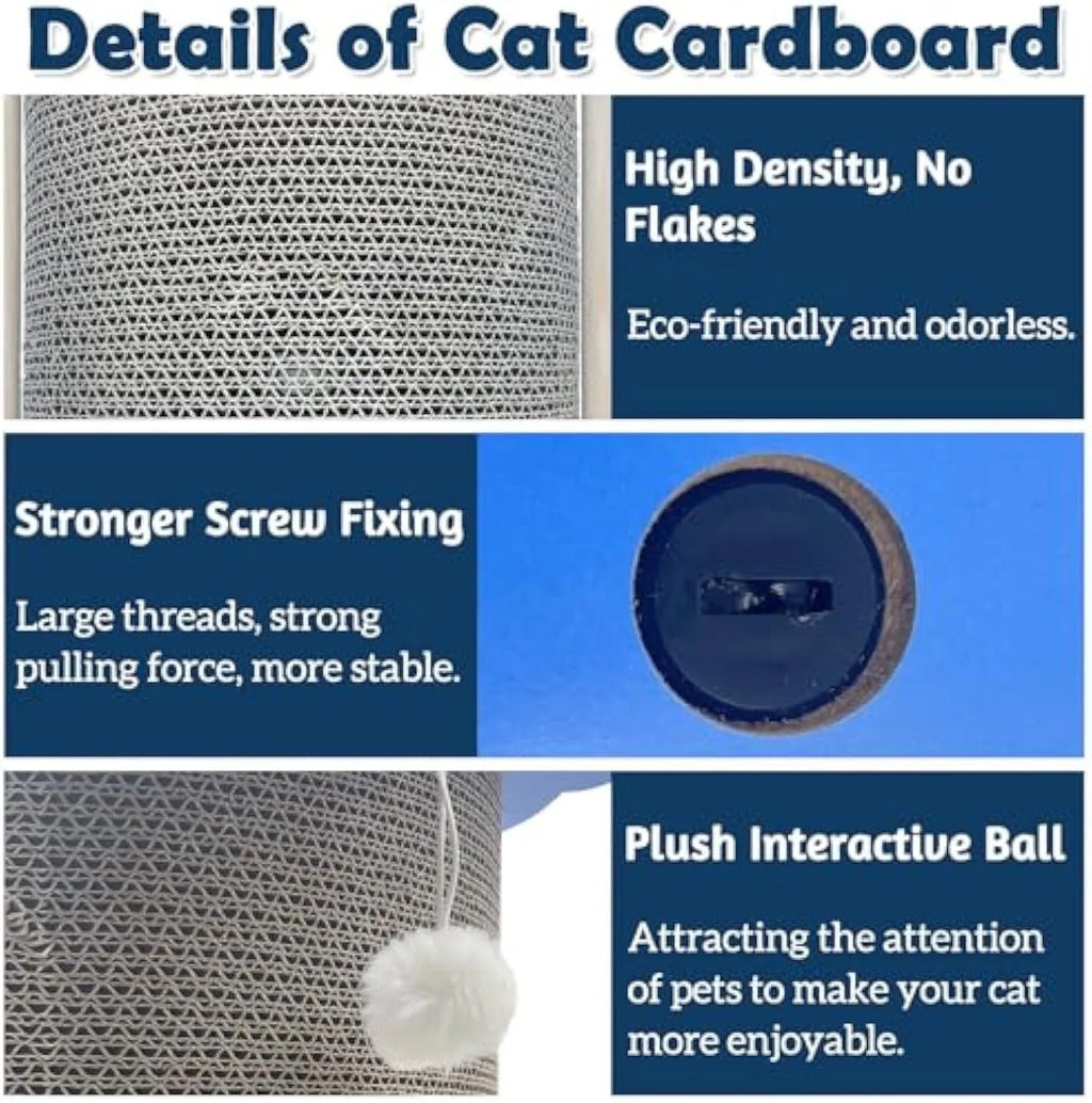 Corner-shaped cardboard cat scratching pad with a hanging ball attached, placed in a room corner.