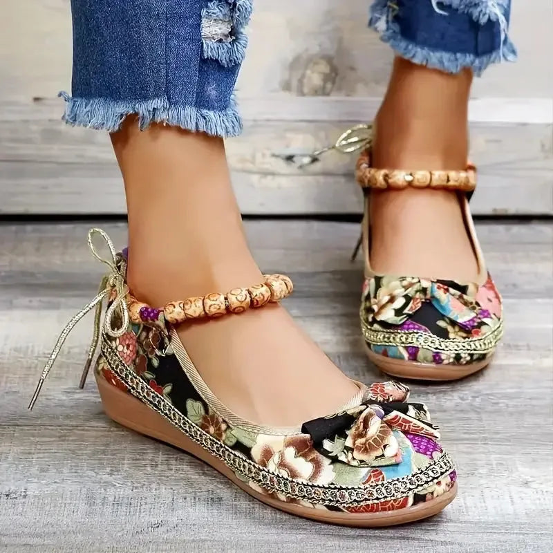 Women's plus size ethnic style platform sandals with elastic band closure and cloth upper