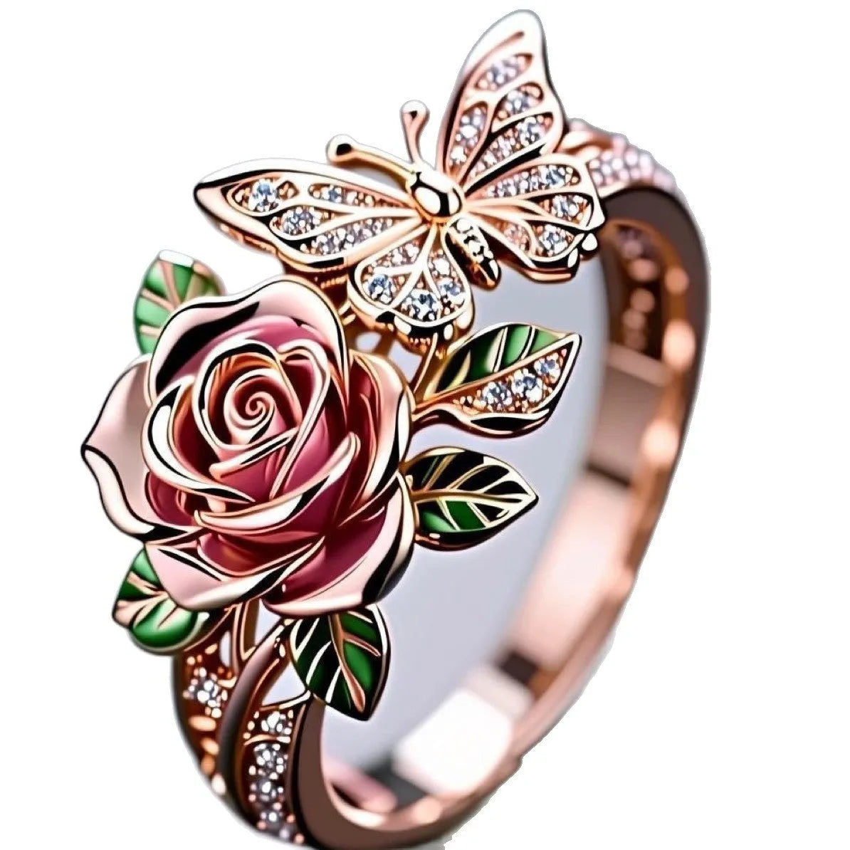 Adjustable butterfly personality ring with oil-drip colour effect showing flower and insect details