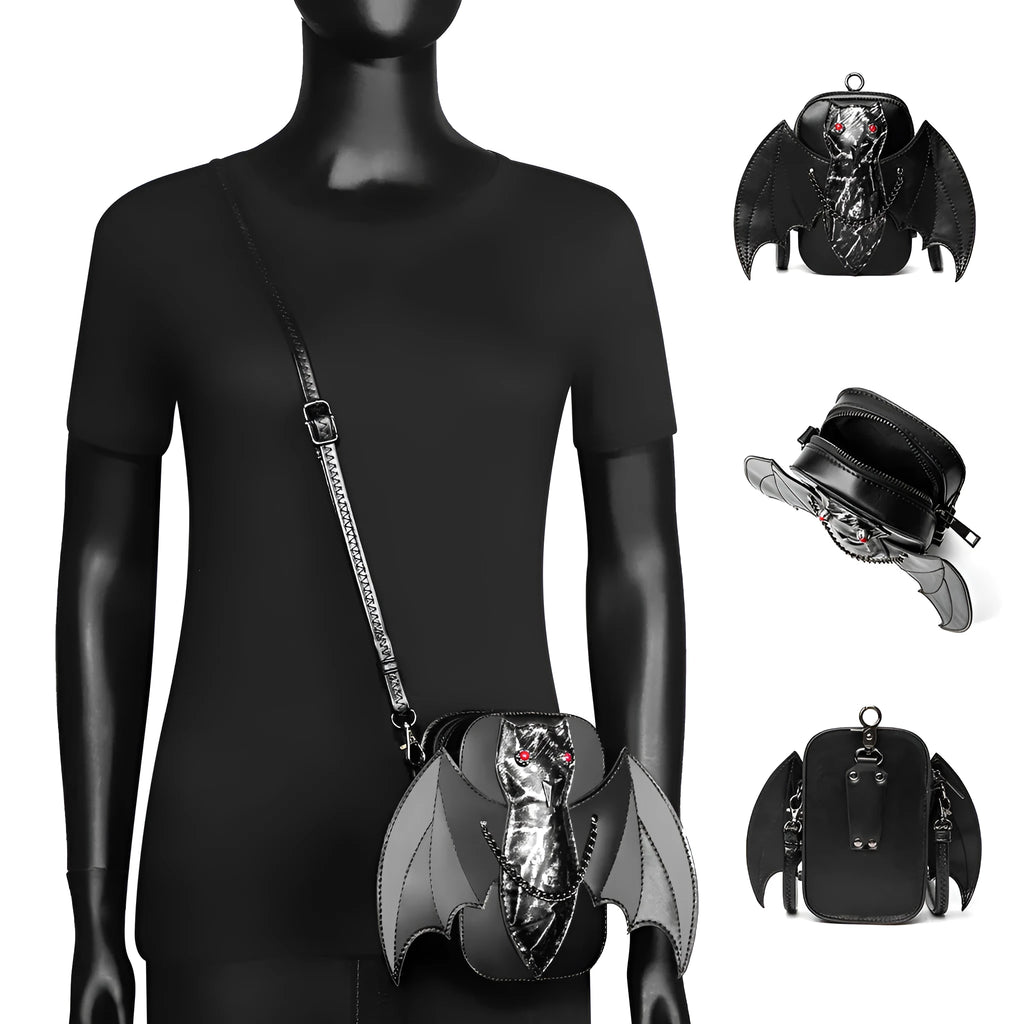 Dark style women's shoulder messenger bag with creative bat design in PU material, square vertical shape, single strap
