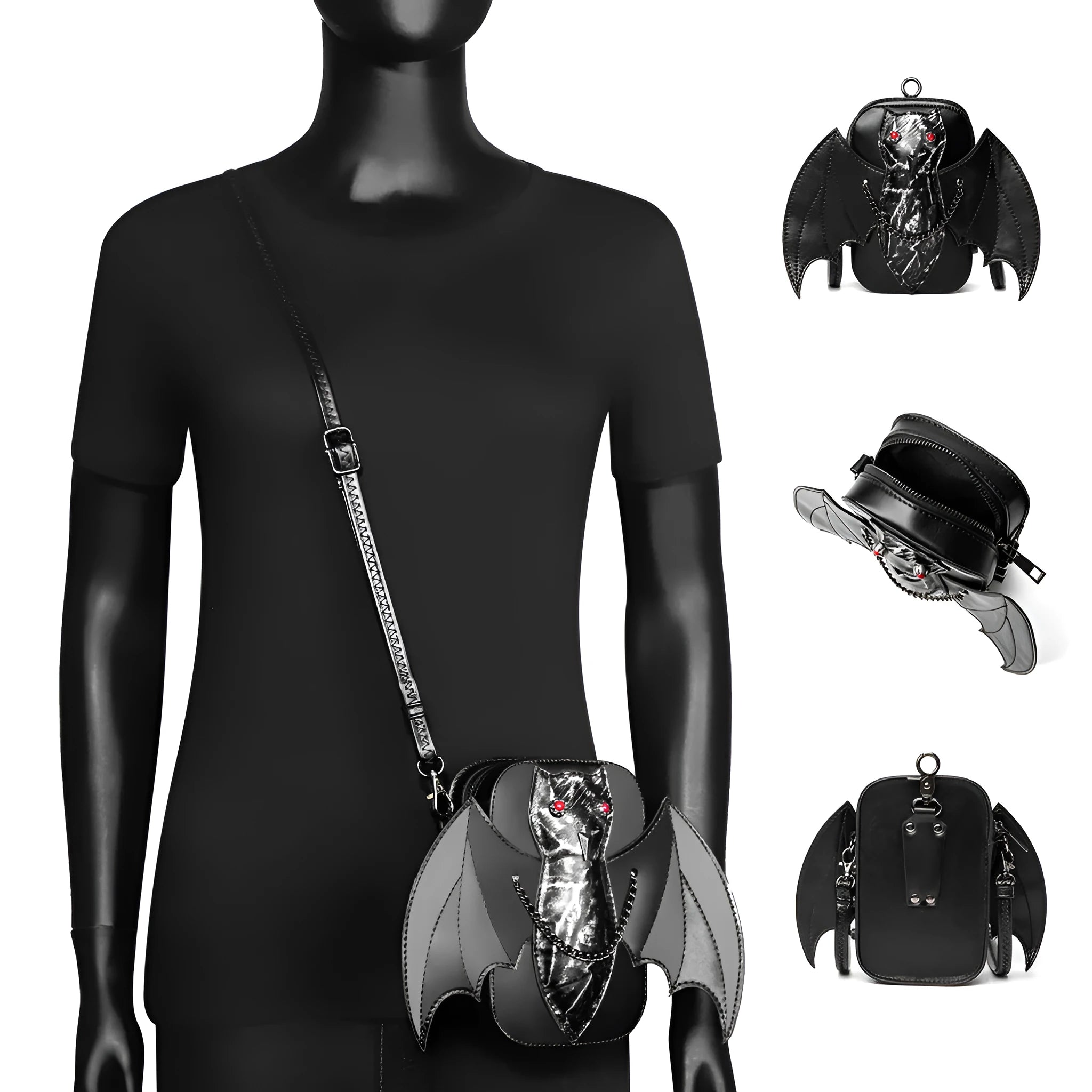 Dark style women's shoulder messenger bag with creative bat design in PU material, square vertical shape, single strap