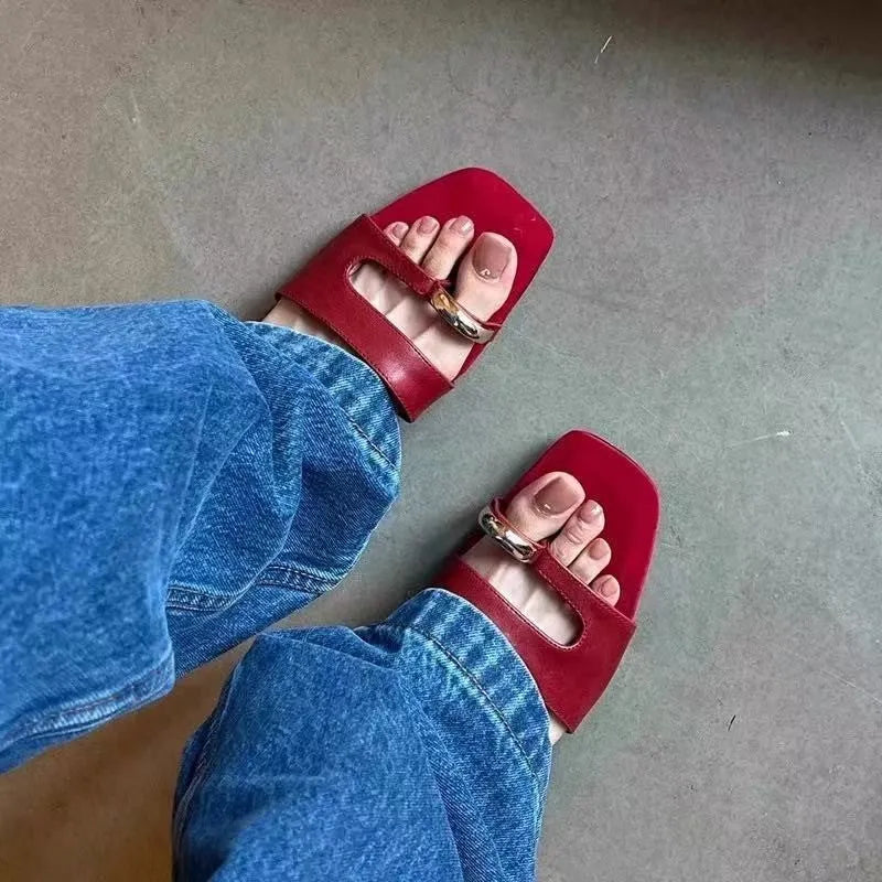 Square-toe plus size slippers in leather and rubber, shown in red, white, black, and silver colour options.