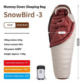 Goose down mummy sleeping bag for adults shown in storage bag with size and weight options displayed