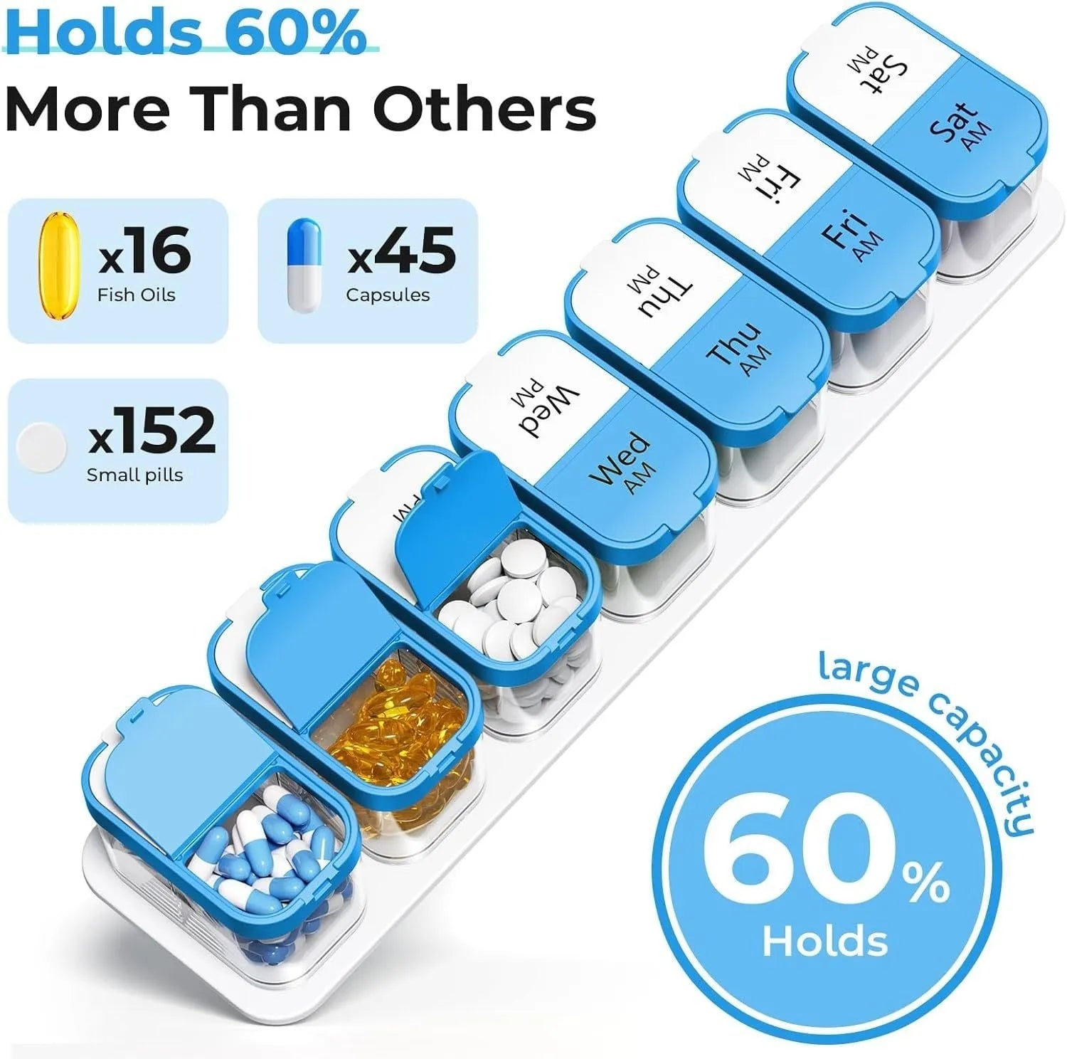 Large white plastic pill organiser box with 14 detachable compartments shown both assembled and separated.