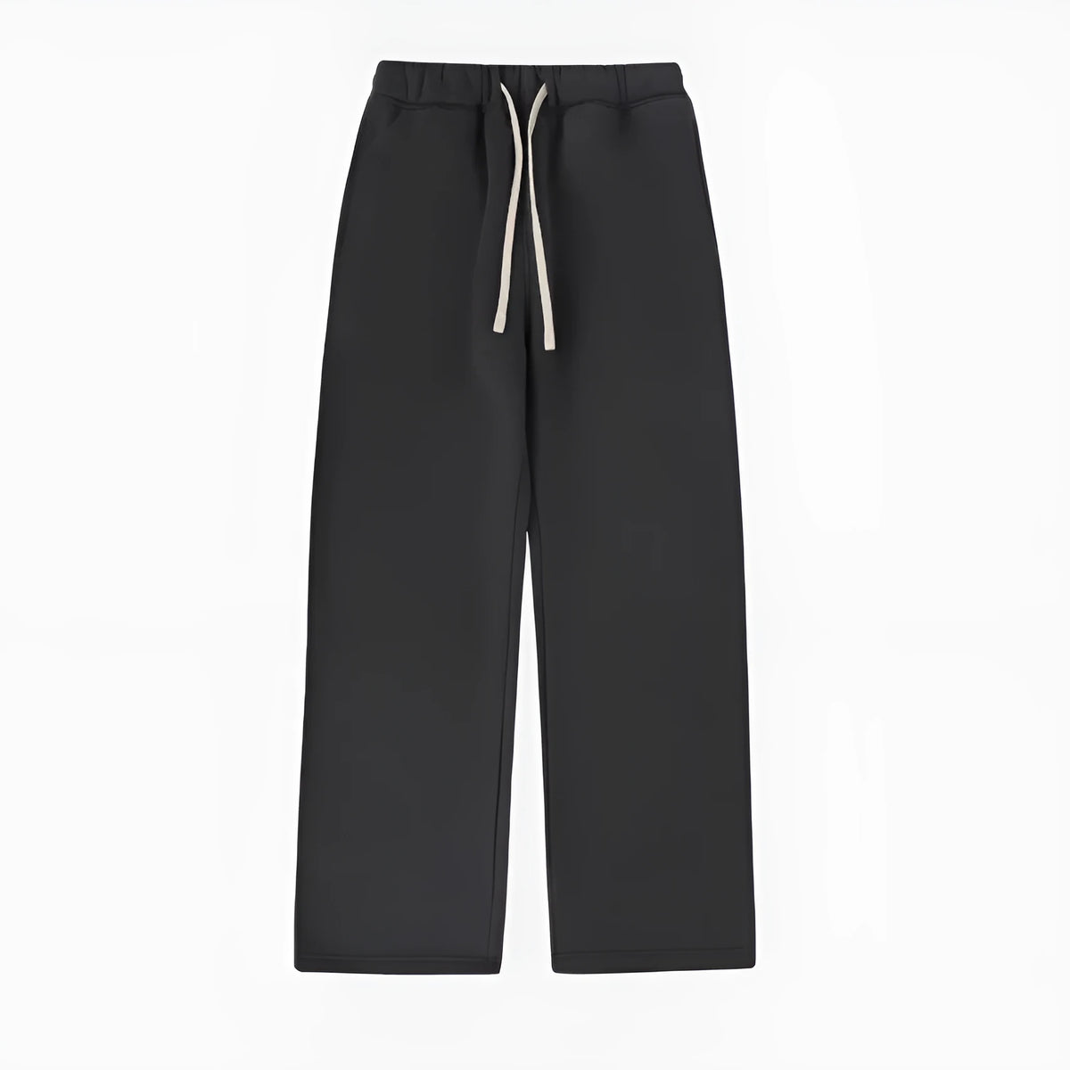 Man wearing black fleece-lined loose-fit sweatpants with a drawstring waist.