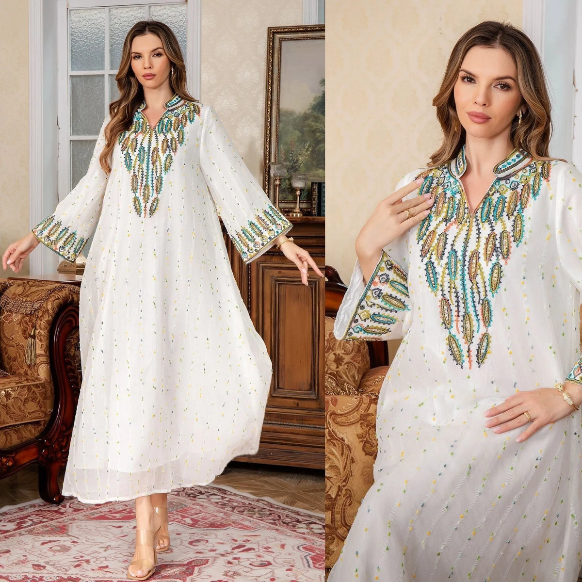 White polyester Arabic robe for women with long sleeves and long skirt.