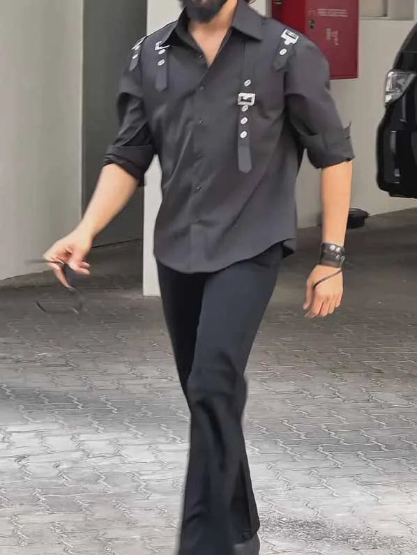 Men's black button-up shirt with regular fit and polyester fabric
