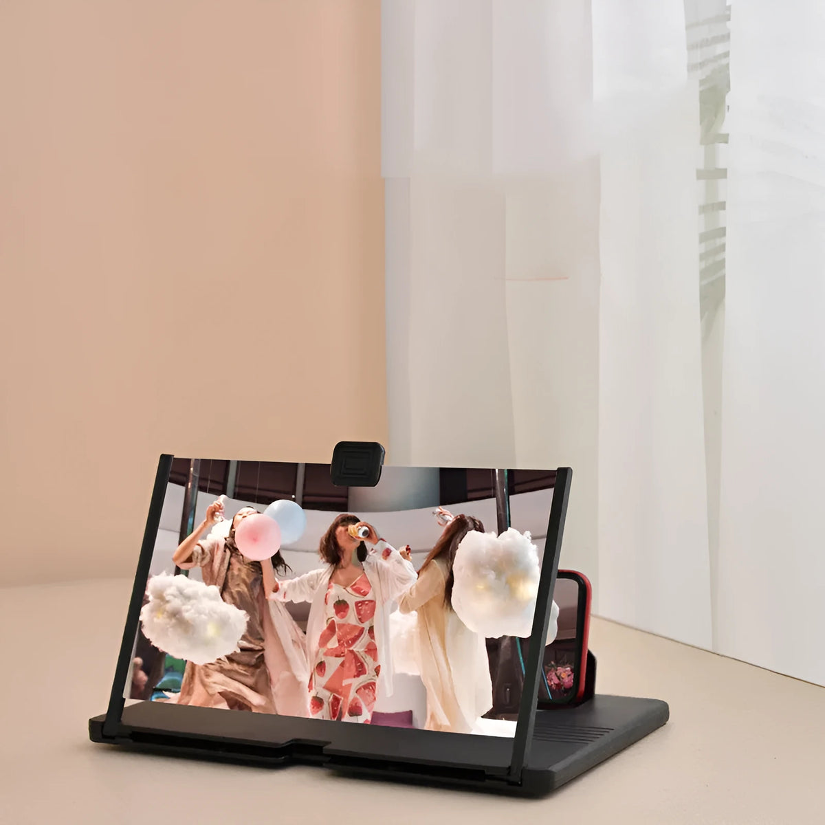 Plastic mobile phone screen magnifier in black, white, or red, 10-inch or 12-inch size with stand.