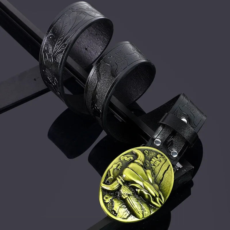 Men's brown imitation leather belt with detailed cow head alloy buckle showing electroplating and carving treatments