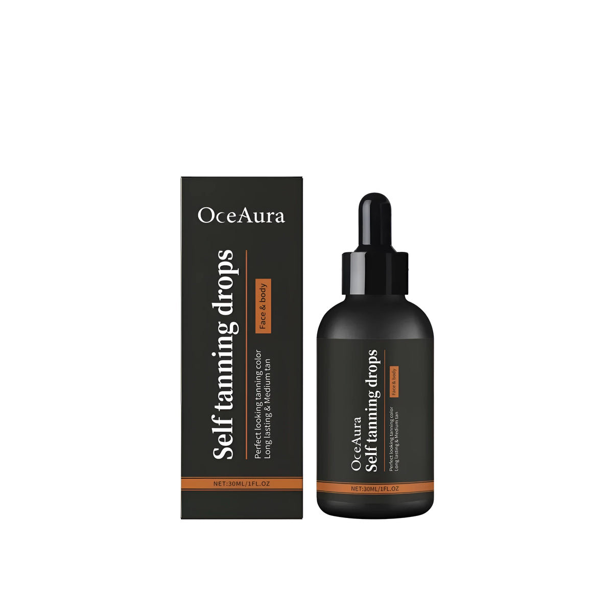 30ml bottle of tanning drops serum with dropper for face and body application.