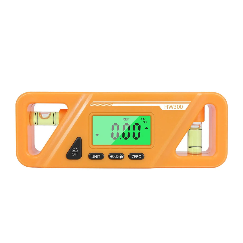 Black digital inclinometer level meter with magnetic base and LCD display showing angle measurement.