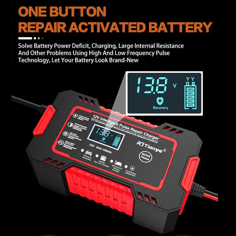 Red US standard car battery charger for lead-acid batteries with reverse connection protection, 213x110x64mm