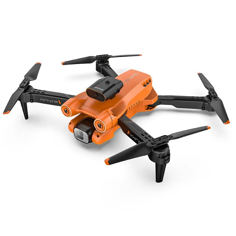 Black and orange remote-controlled quadcopter drone with four propellers, shown folded and unfolded.