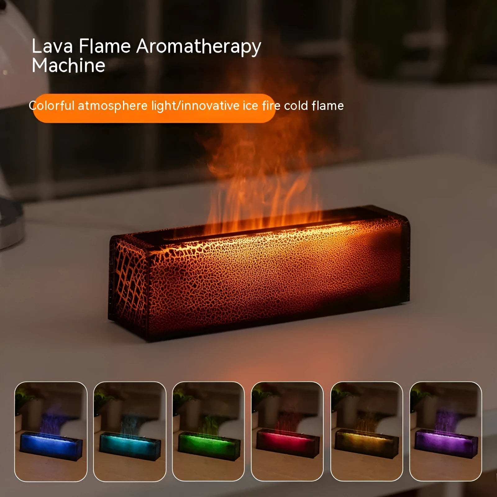 Square creative lava flame desktop humidifier and aroma diffuser in black or white colour on a desk.
