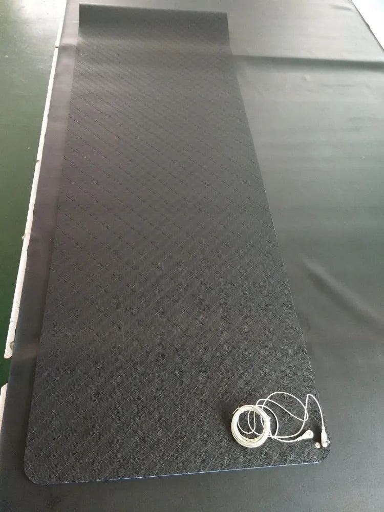 Blue floral pattern conductive yoga mat with grounding wire, showing non-slip PU surface