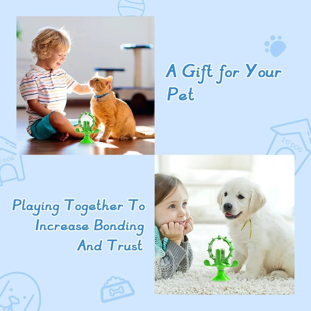 Interactive pet puzzle feeder toy with rotating spinner and sucker base in multiple colours