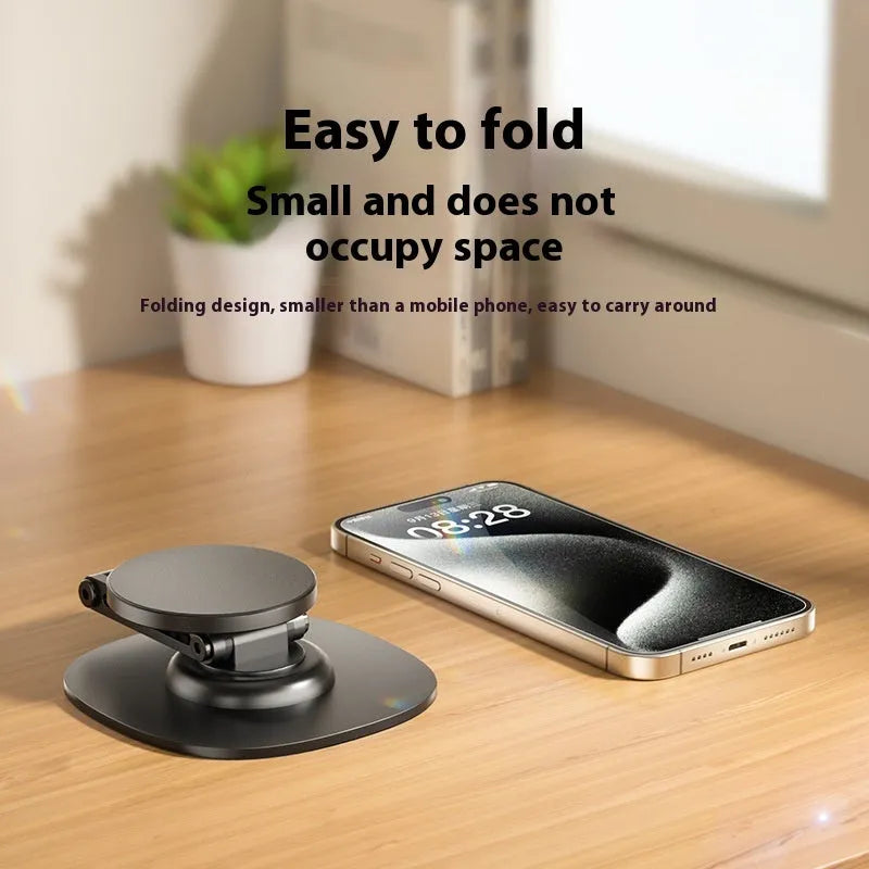 360 rotating foldable desktop phone stand in aluminium alloy for live streaming, black colour, sandblasted finish