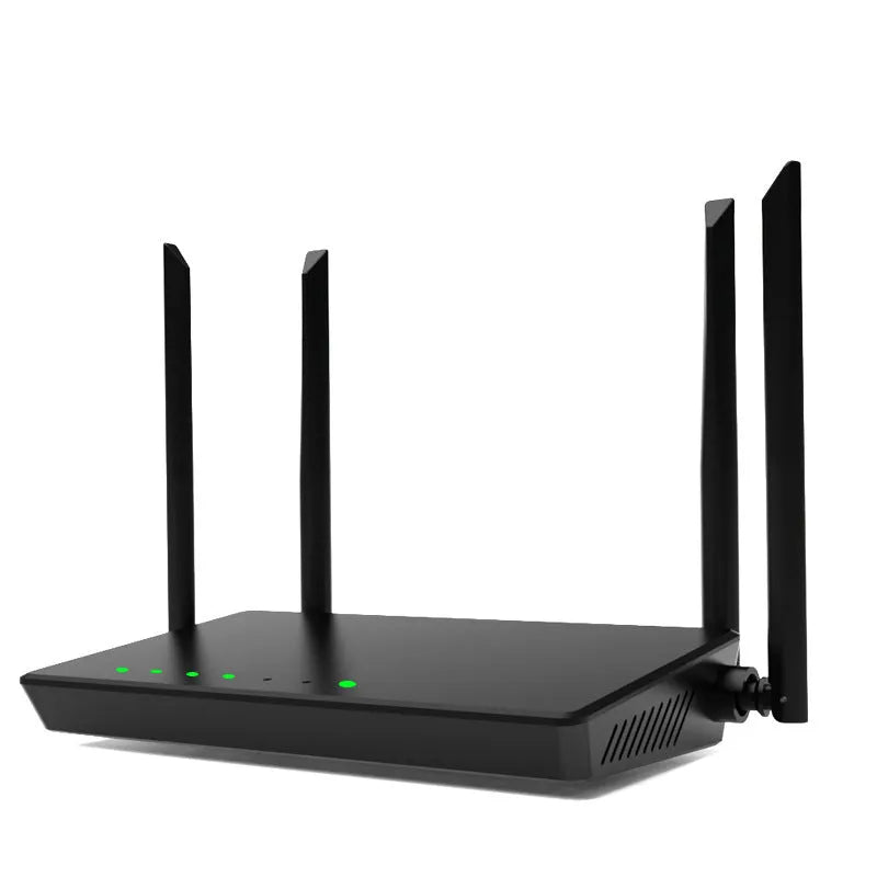 Portable home WiFi router with bare metal case in black or white colour showing rear panel with five connection ports