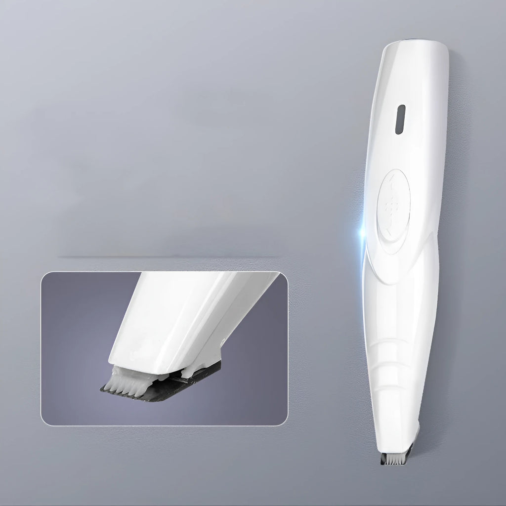 White rechargeable pet grooming trimmer with ceramic blade, USB charging and compact 16cm body for paw and foot trimming