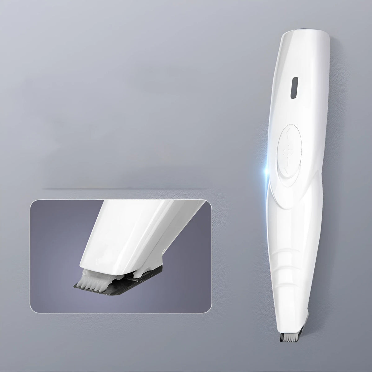 White rechargeable pet grooming trimmer with ceramic blade, USB charging and compact 16cm body for paw and foot trimming