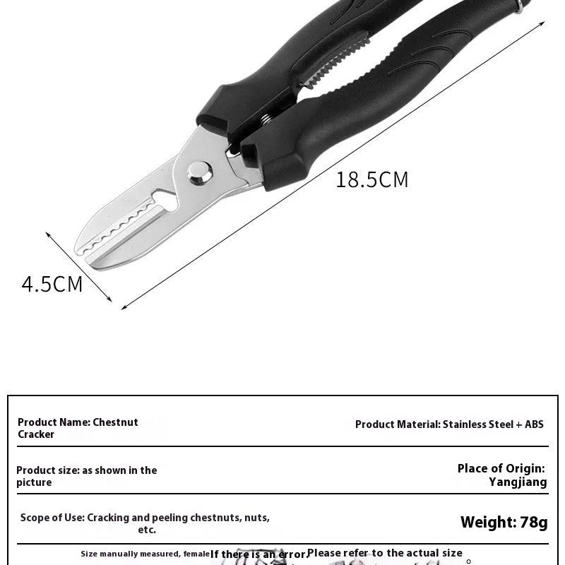 Pair of stainless steel chestnut opening scissors in black colour on white background