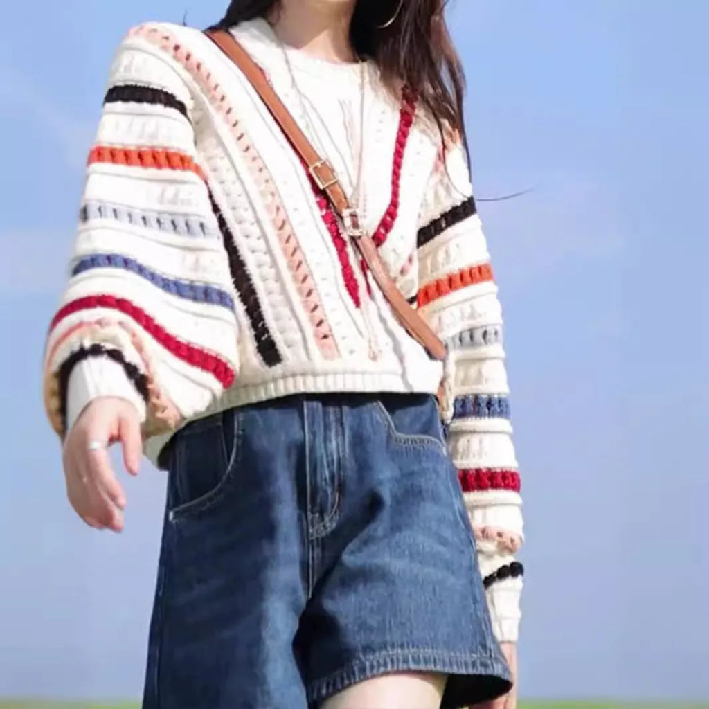 Retro rainbow striped loose-fit pullover sweater with batwing sleeves