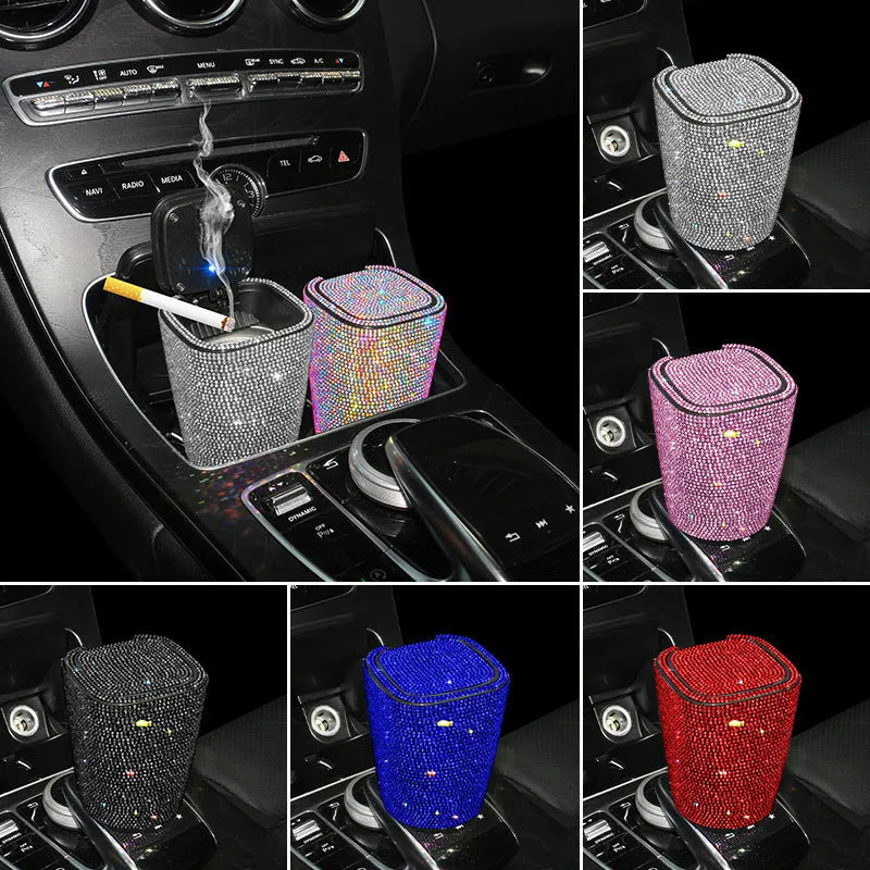 Diamond-embedded car ashtray with lid, air outlet hanging design, plastic cast body, available in nine colours.