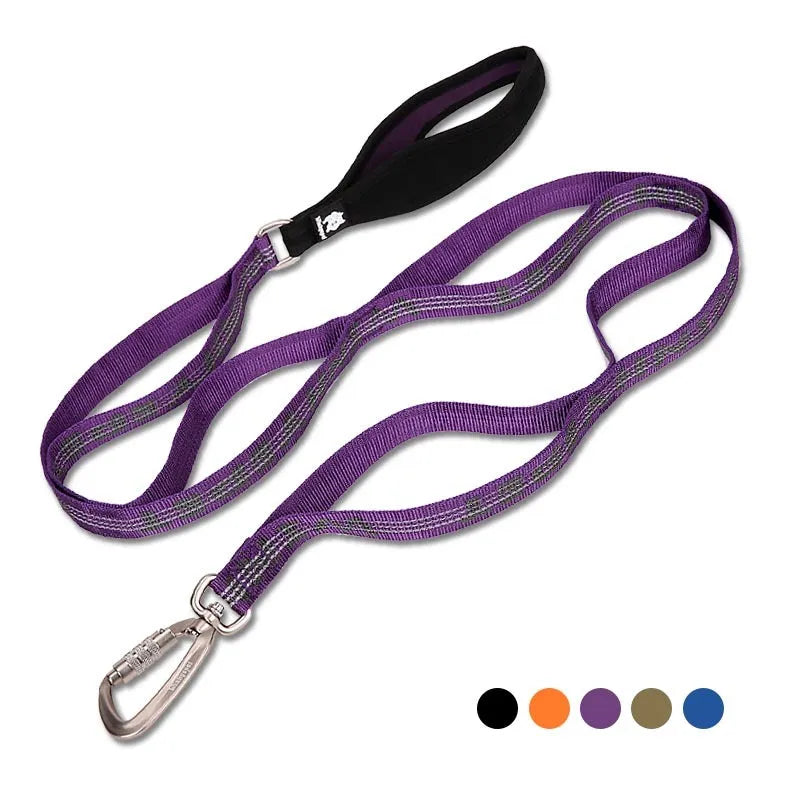 Scalable dog leash rope in army green, grey blue, grey orange, purple, or black red, sizes M and L.
