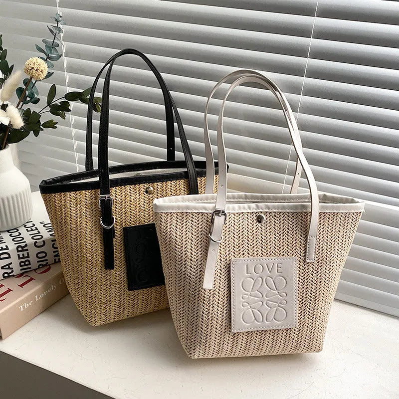 Straw woven women's shoulder bag in European retro style with large capacity