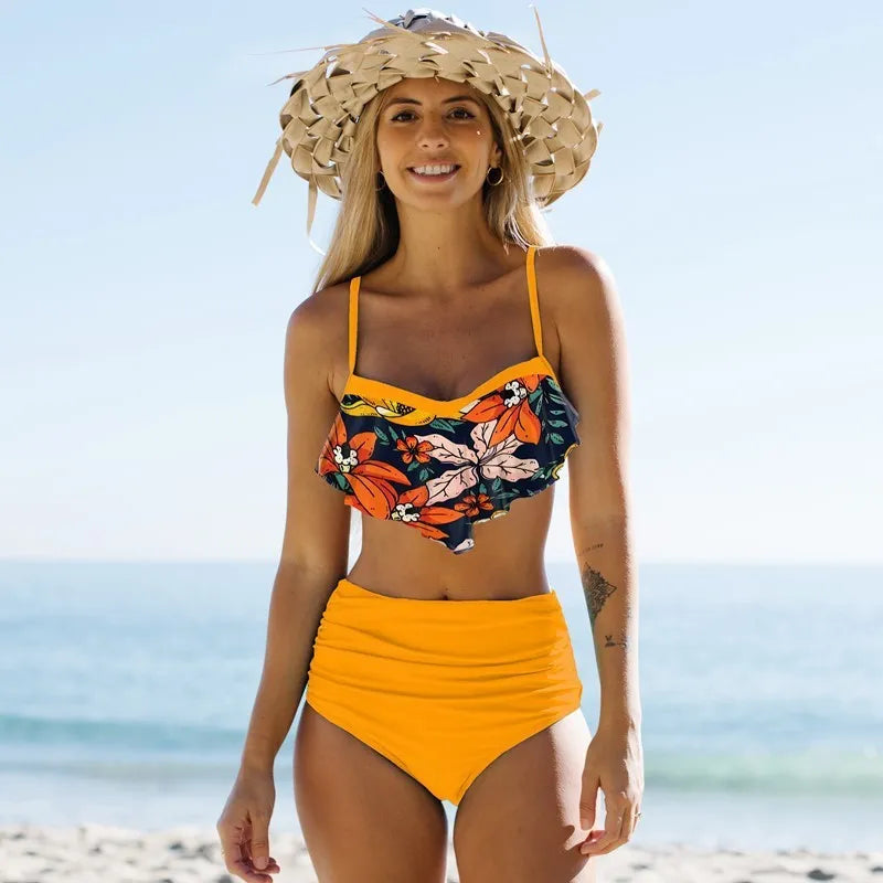 Women's green split bikini swimsuit with high waist briefs and pleated pants