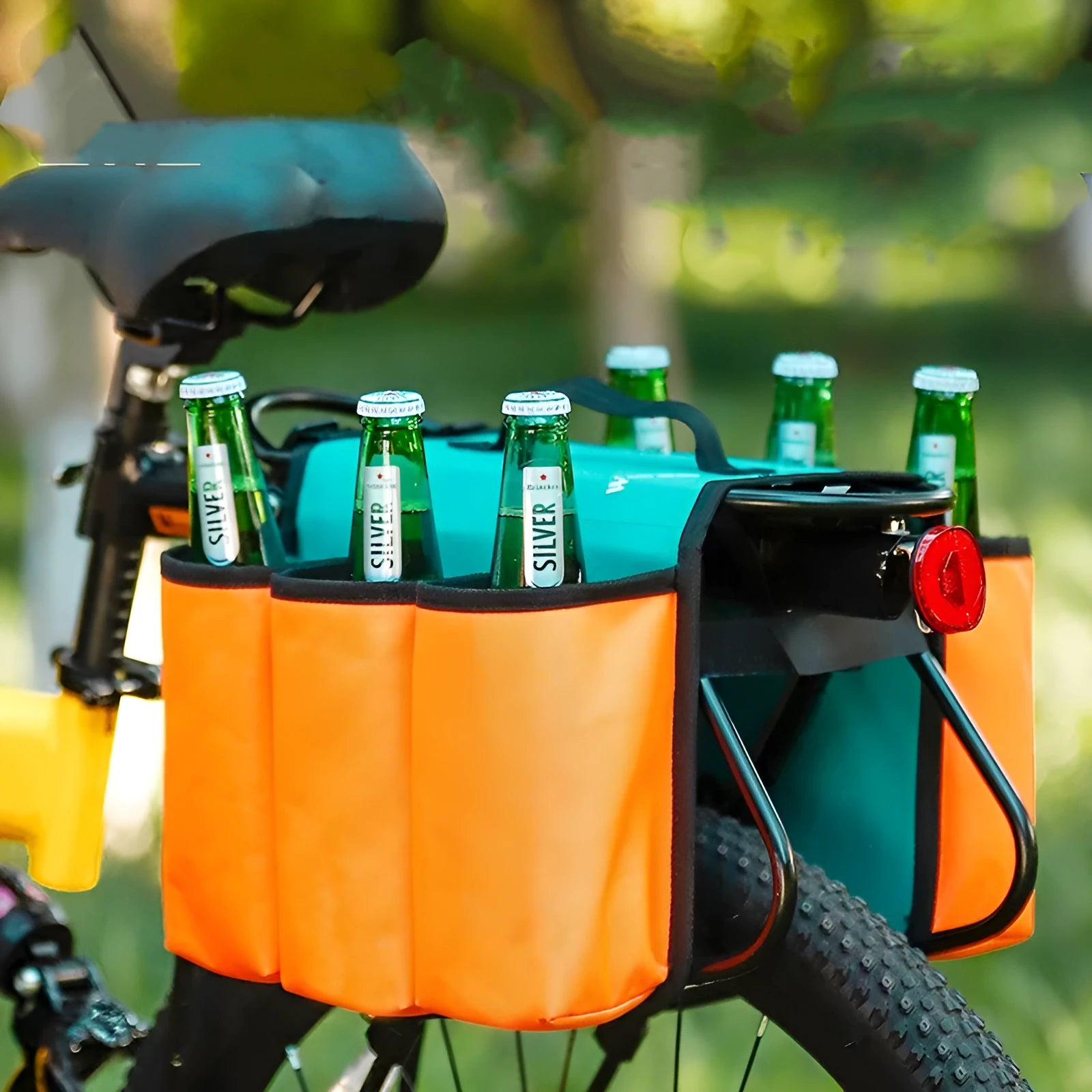 Black and blue orange bicycle double-sided anti-scratch shelf bag mounted on bike frame showing drink storage capacity