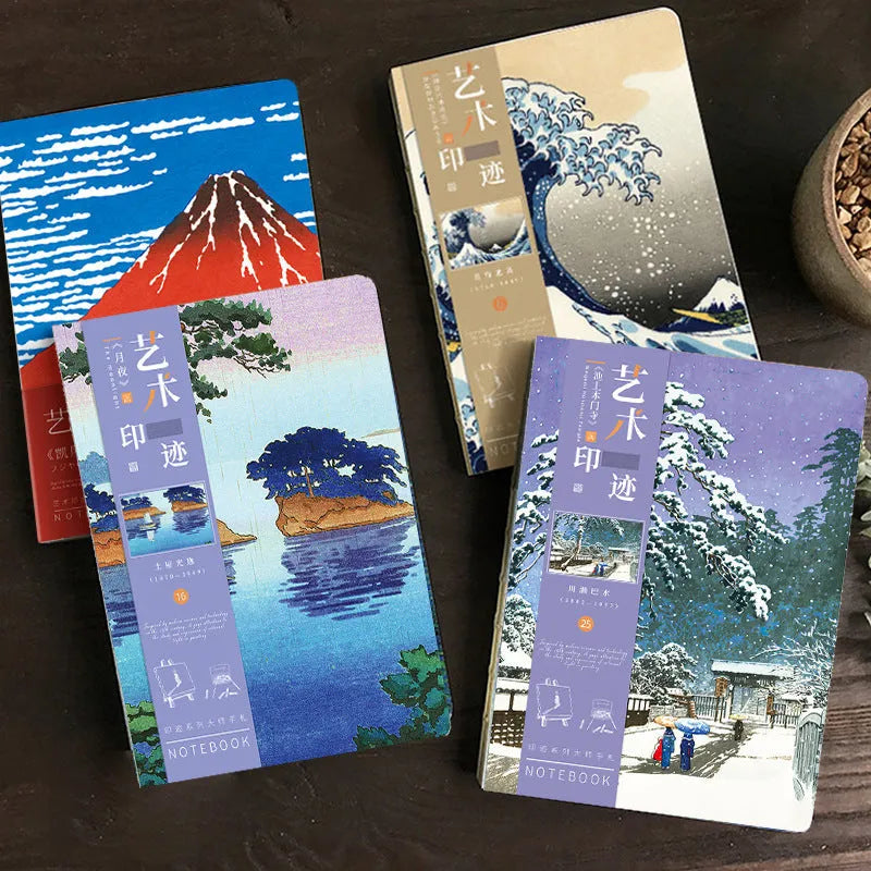 Ukiyo-e art ledger notebook with Kanagawa wave cover design showing dimensions and Daolin paper pages
