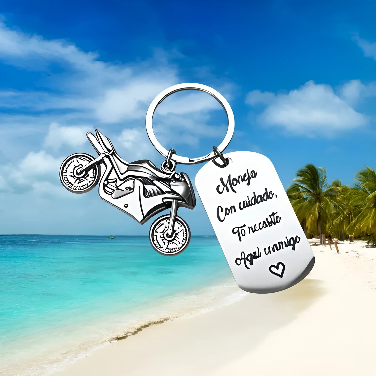 Stainless steel motorcycle key ring with velvet storage bag on a plain background.
