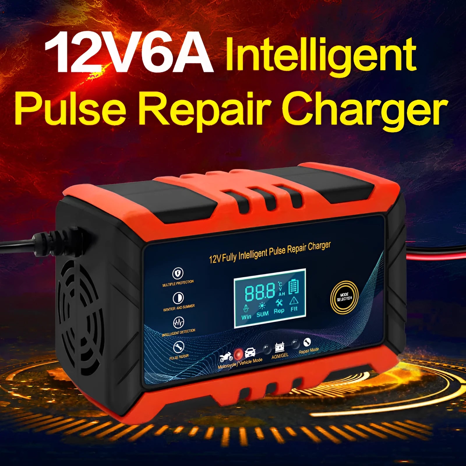 12V 6A automobile battery charger with US plug in red, part of RX-04 series