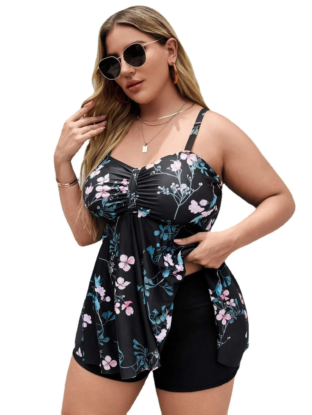 Women's one-piece swimsuit with split colour floral printing, high-elasticity polyester