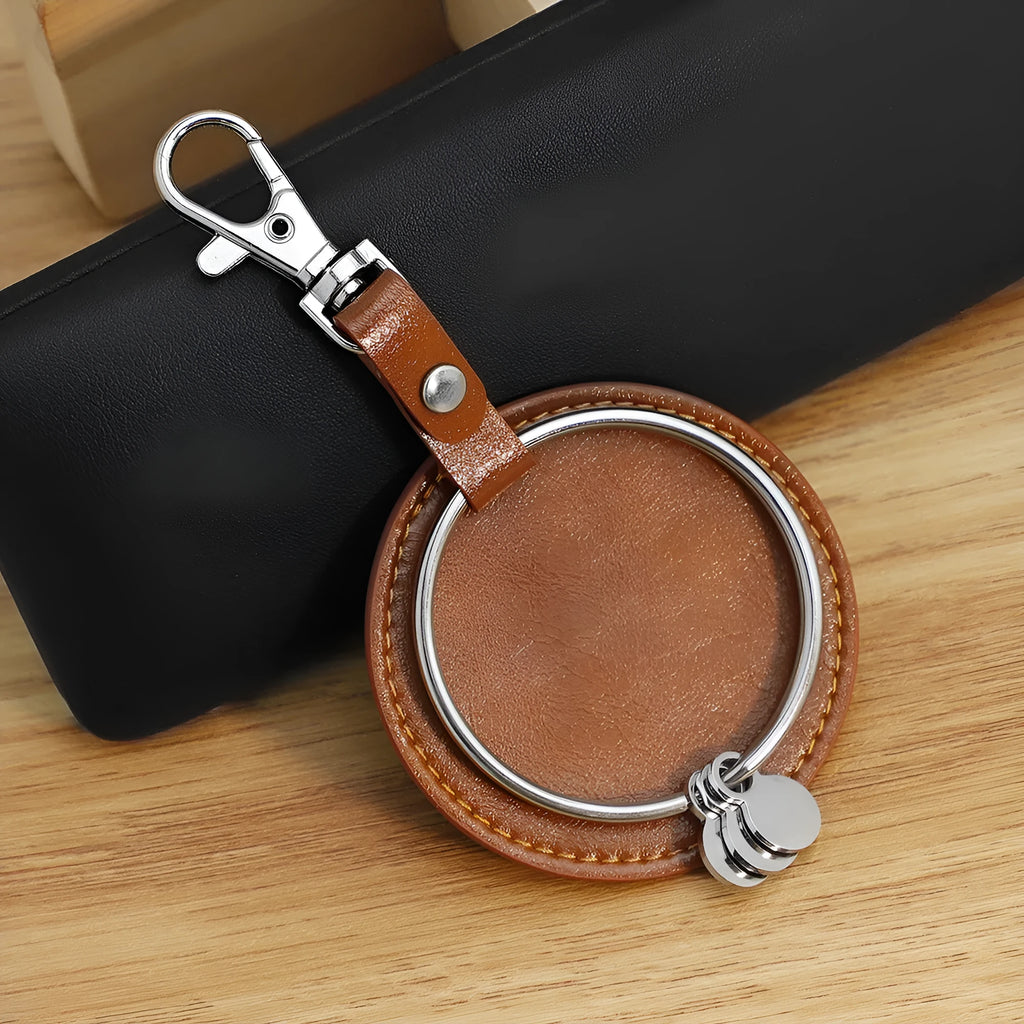 Round genuine leather keychain pendant with cross crown Roman numerals design steel-coloured gloss finish stainless steel key ring