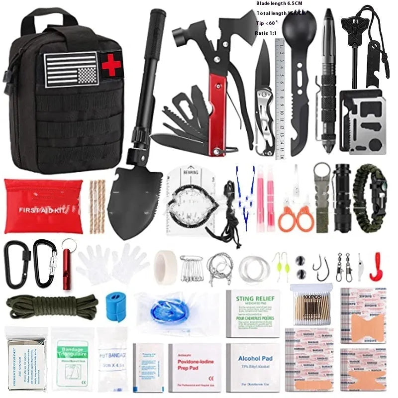 Outdoor camping first aid kit survival tools suit in compact portable case measures 20.5 x 15 x 9.5 cm