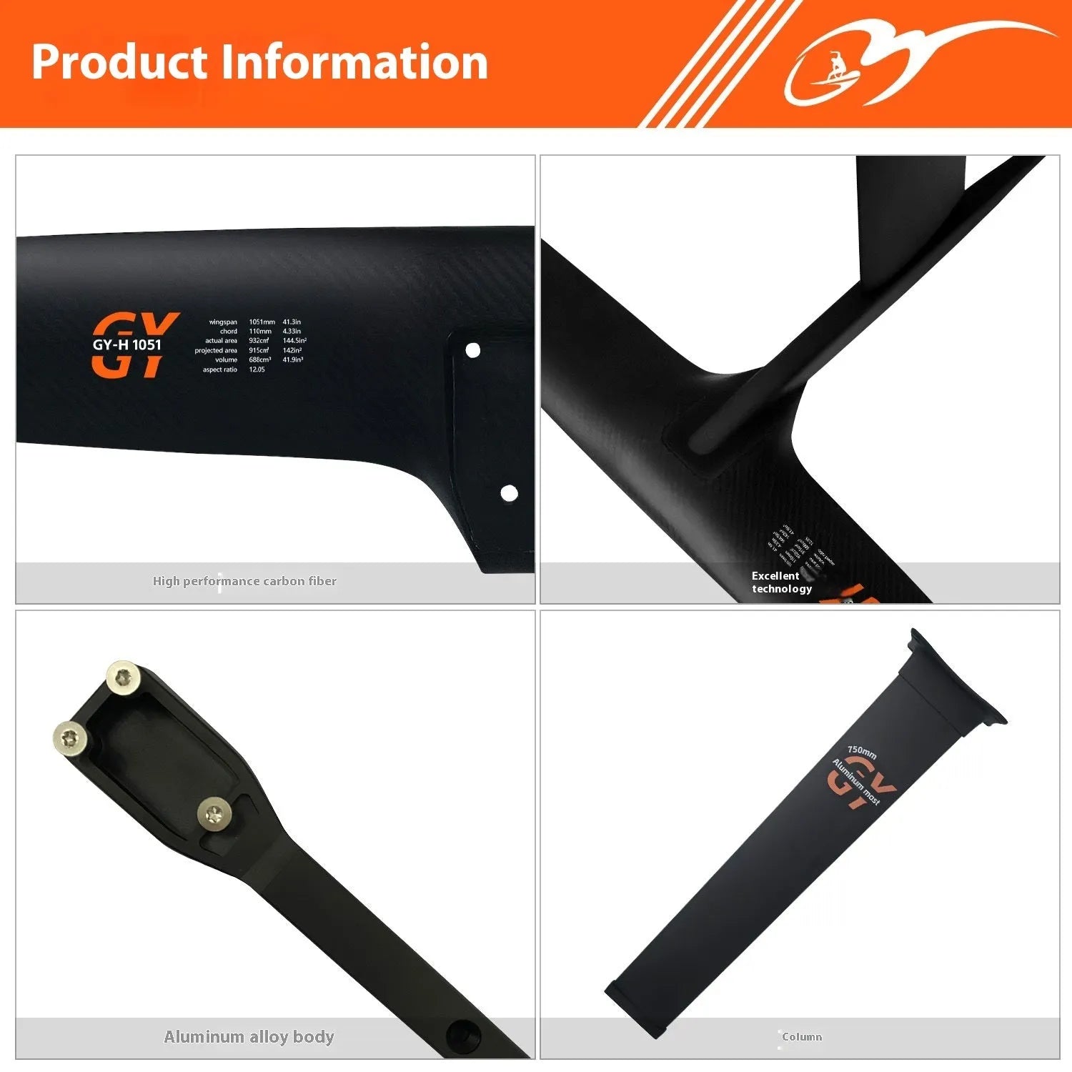 Black carbon fibre and aluminium alloy racing surf hydrofoil with large front wing.