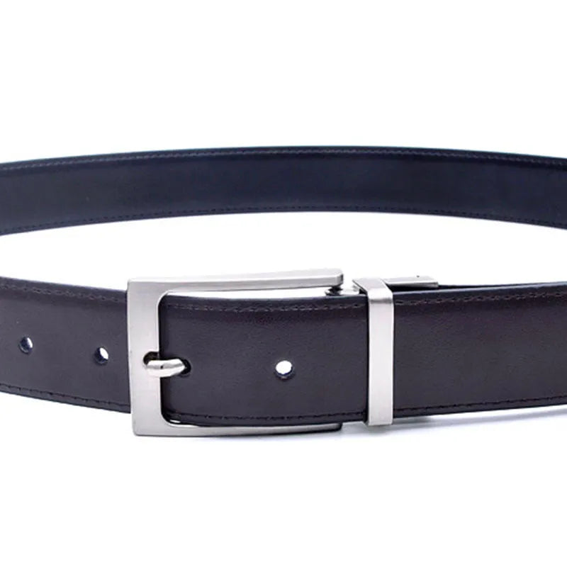 Men's dark brown and black leather belt with a silver alloy rotating pin buckle.