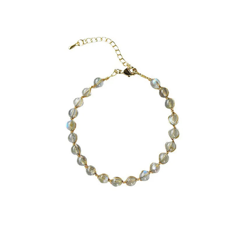 Women's natural crystal blue moonstone bracelet with 6mm stones and 14K gilded metal
