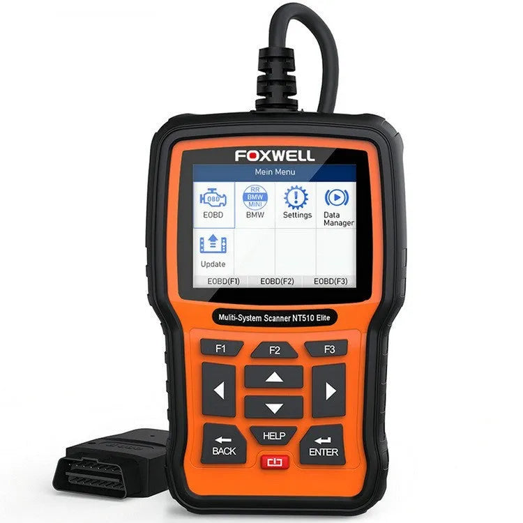 Orange and black Foxwell NT510 automotive diagnostic tool with display screen and data cable