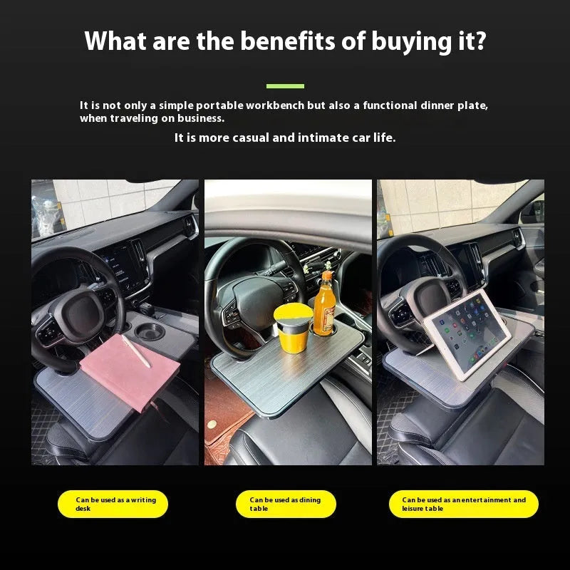 Large black car steering wheel laptop and dining tray table with foldable cup holder, shown on a steering wheel.