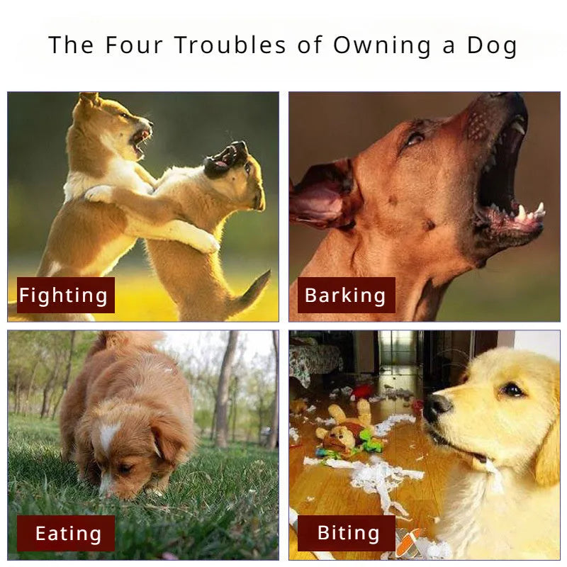 Adjustable dog muzzle in black or brown, sizes XS to XXL for anti-barking and bite prevention.