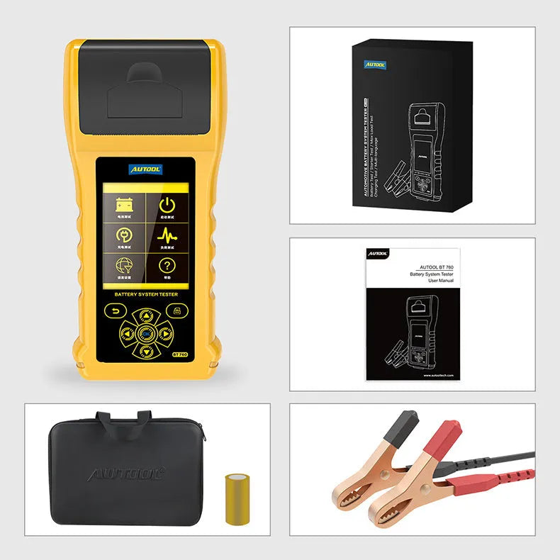 Autool BT760 digital vehicle battery tester with colour screen and thermal printer on a workshop bench.