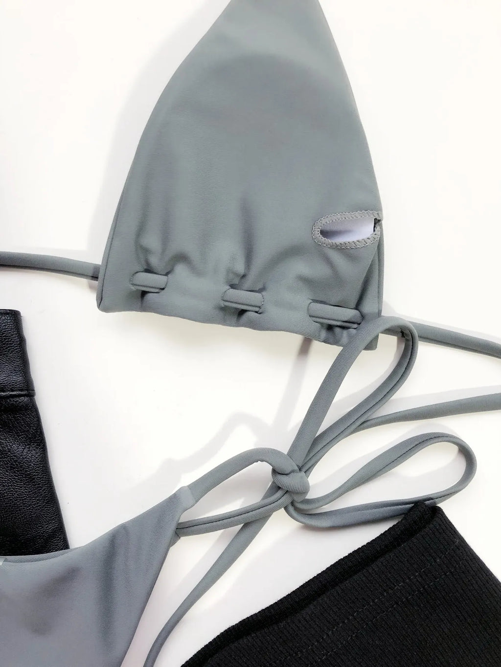 Grey nylon triangle bag swimsuit set with rope lanyard for women, including bra and panties