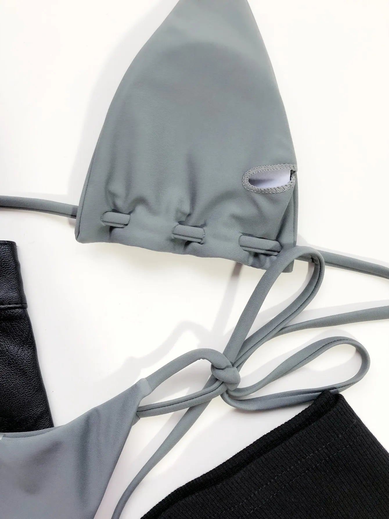 Grey nylon triangle bag swimsuit set with rope lanyard for women, including bra and panties