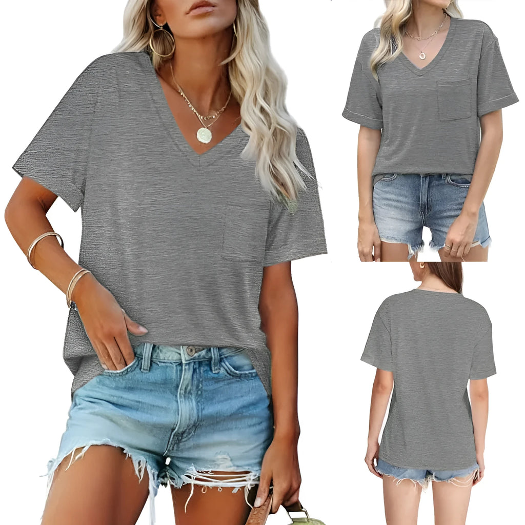 Grey loose V-neck short sleeve T-shirt with front pocket