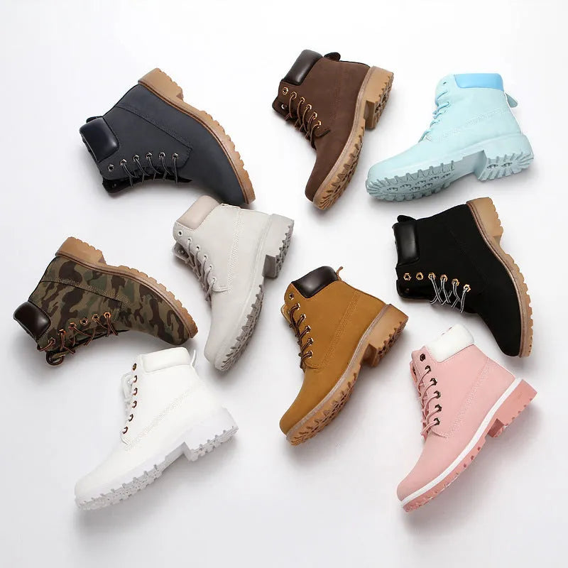 Men's pink high-top Martin boots with velvet lining, round toe, and flat lace-up front.