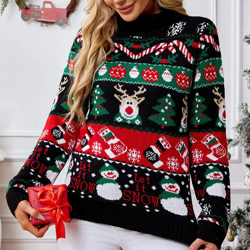 Women's black Christmas sweater with contrast animal pattern, slim-fit turtleneck pullover in acrylic fabric