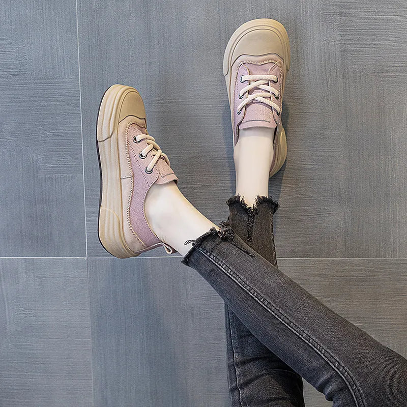 Women's round toe leather casual platform sneakers in matcha green, front lace-up design